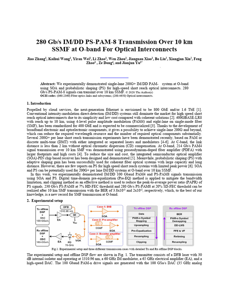280 Gbps IM - DD PS-PAM-8 Transmission Over 10 KM SSMF at O-Band For ...