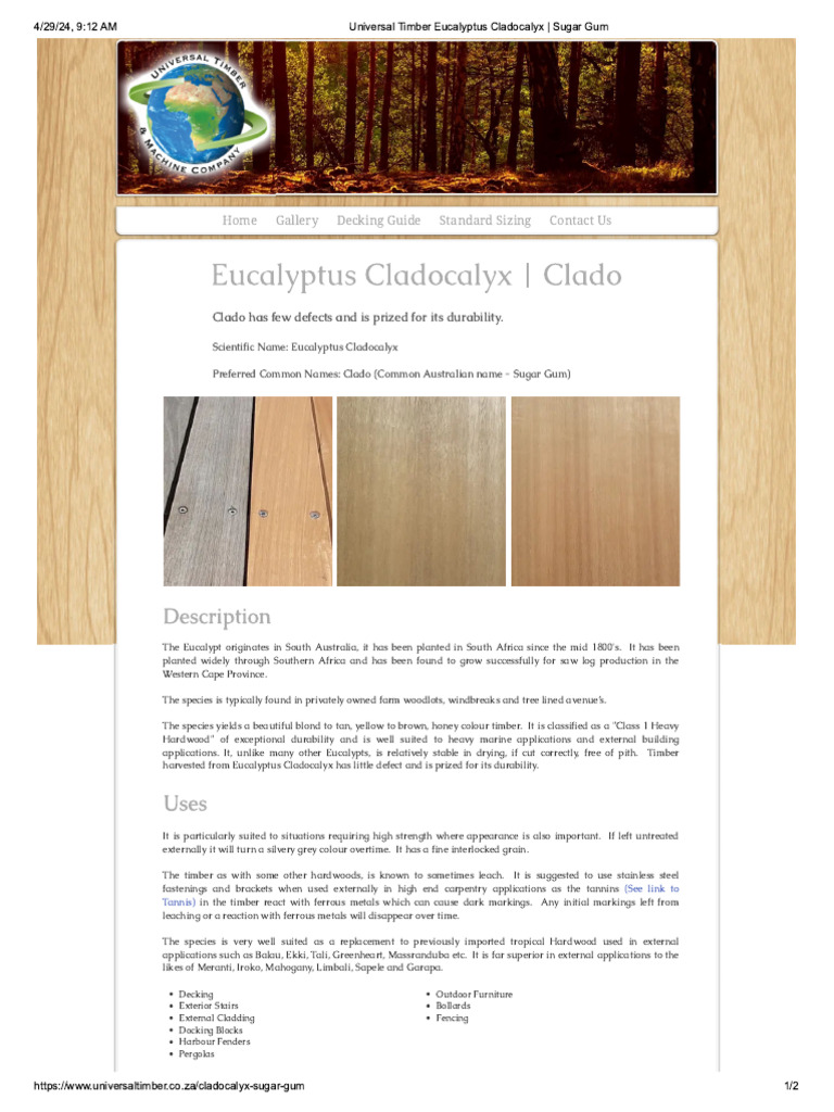 Universal Timber Eucalyptus Cladocalyx _ Sugar Gum | PDF