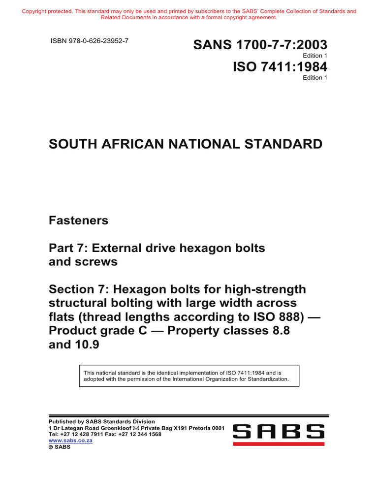 SANS 1700-7: Hexagon Bolts Standard | PDF | Screw | International ...