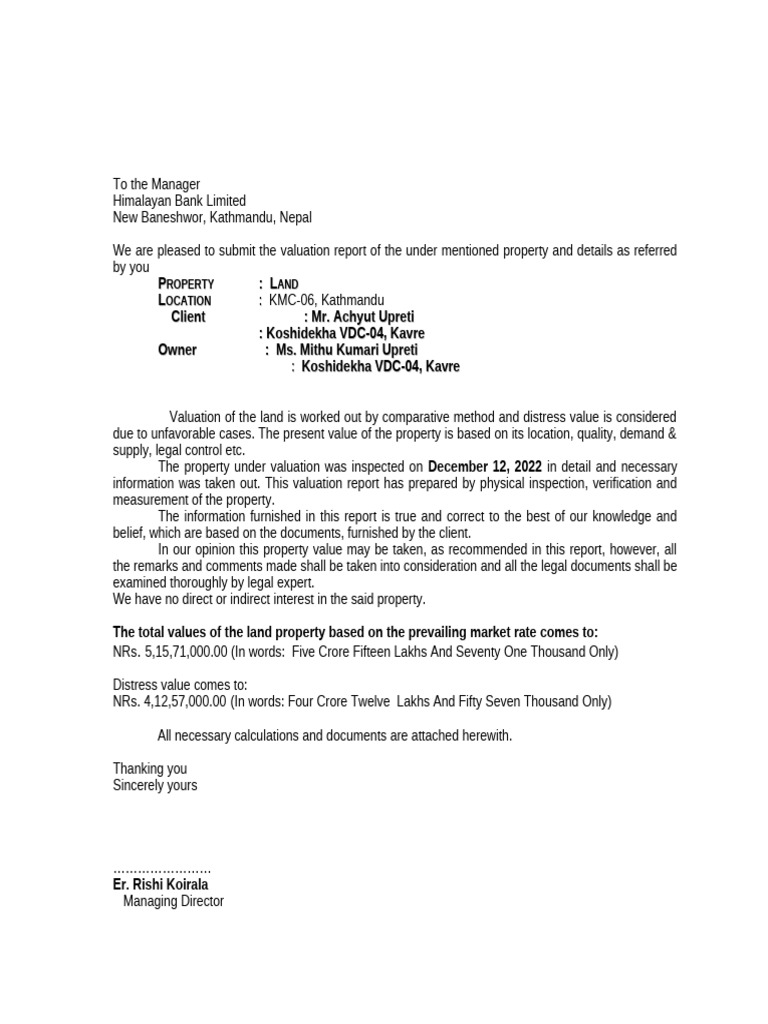 Property Valuation Report for Land | PDF | Real Estate Appraisal ...