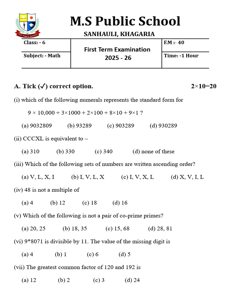 MS Class 6 MATH Typed | PDF | Numbers | Discrete Mathematics