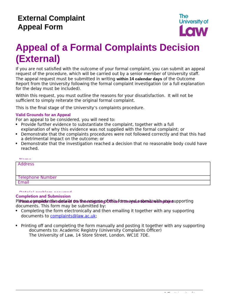 University External Complaint Appeal Form | PDF | Complaint | Justice