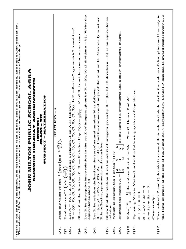 Mathematics Holiday Homework 2025-26 | PDF