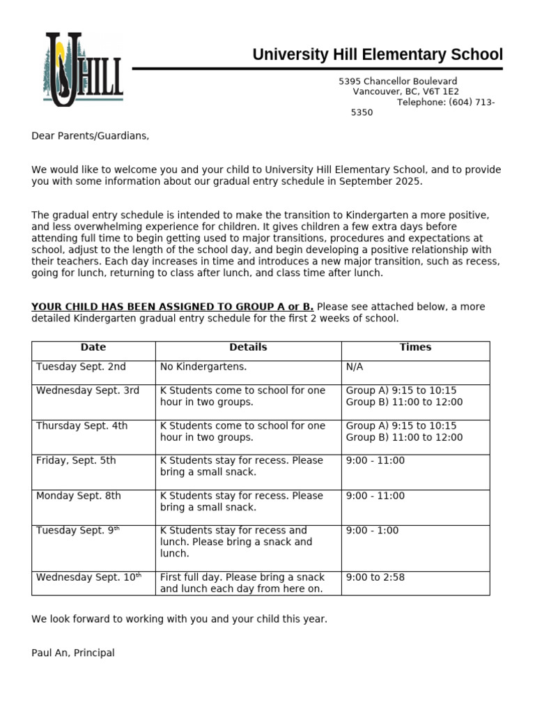 Kindergarten Gradual Entry Schedule 2025 | PDF