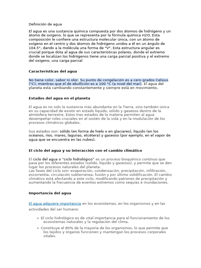 Definición y importancia del agua | PDF | Agua | Ciencias de la Tierra