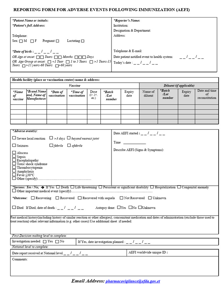 AEFI Reporting Form Efda p1&2 PDF | PDF | Fever | Clinical Medicine