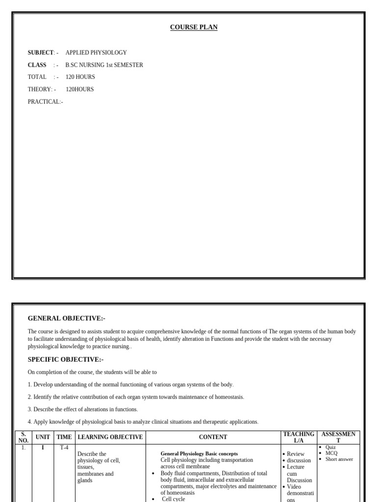 B.Sc. Nursing Applied Physiology Course Plan | PDF | Circulatory System ...