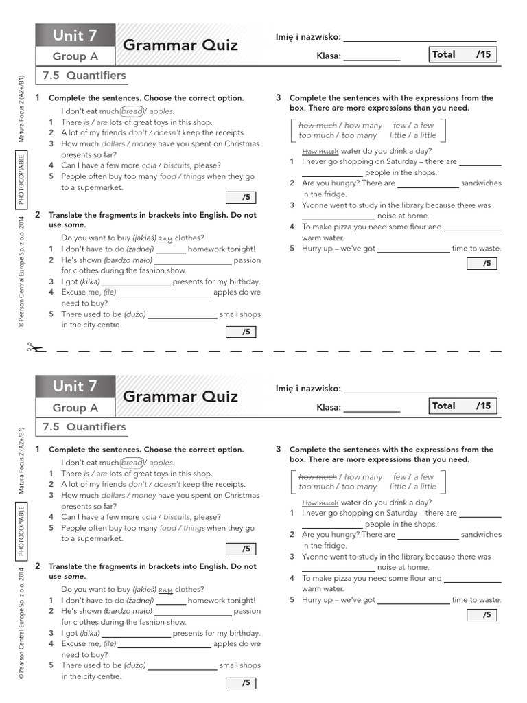 Grammar Quiz: Quantifiers Unit 7 | PDF