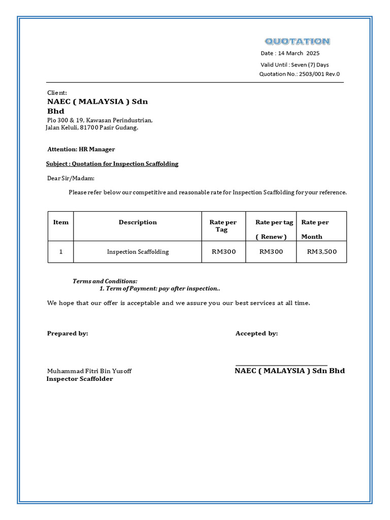 Scaffolding Quotation for NAEC Malaysia | PDF