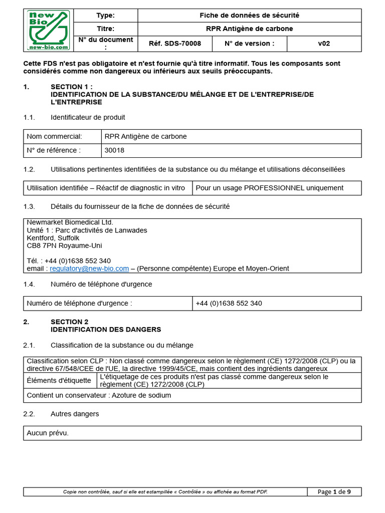 Fiche de sécurité RPR Antigène carbone | PDF | Matériaux | Chimie