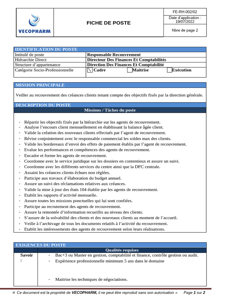 Fiche de Poste : Responsable Recouvrement | PDF | Business