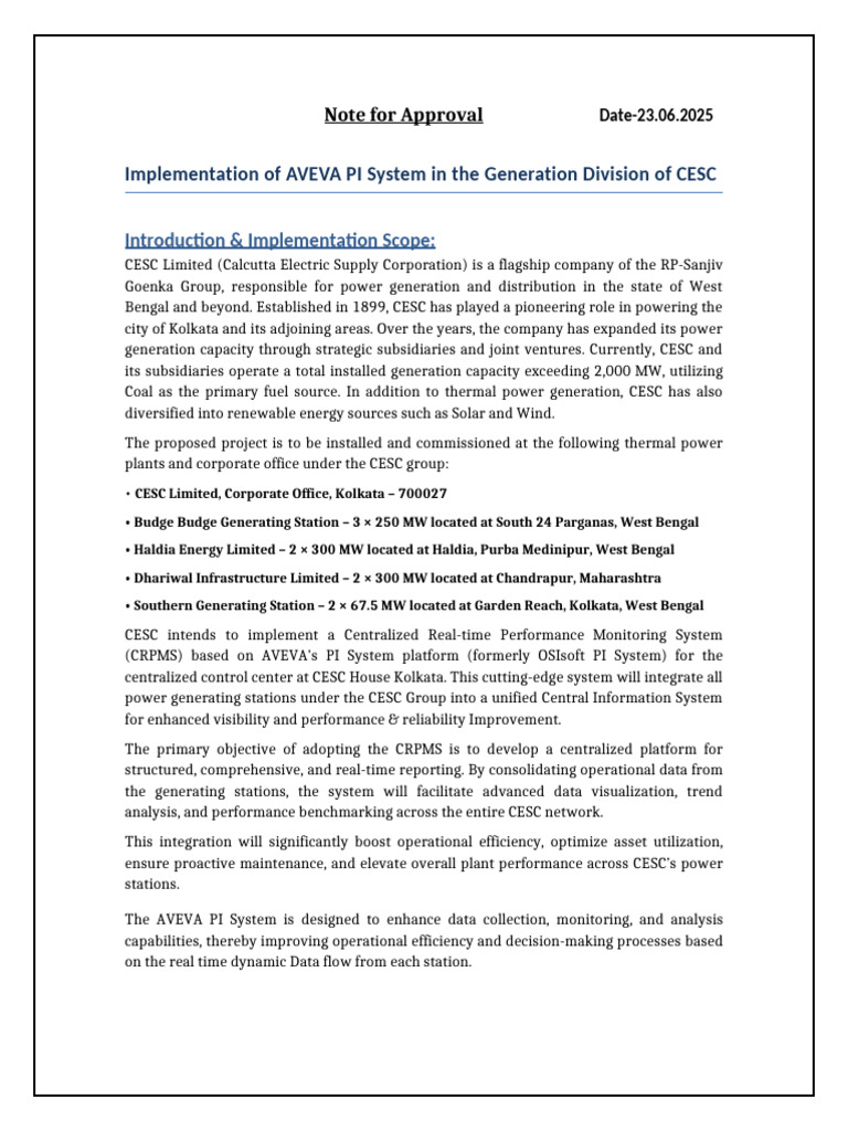 Note For Approval Aveva PI Implementation 23.06.2025 | PDF | Computing