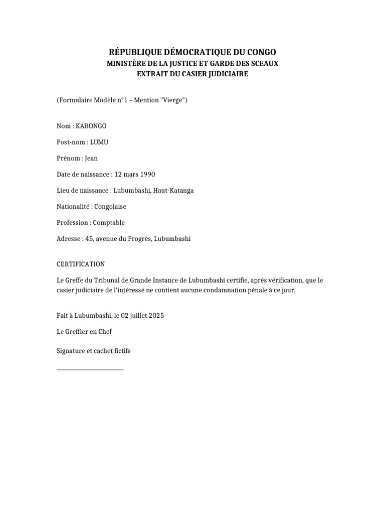 Extrait de casier judiciaire vierge RDC | PDF