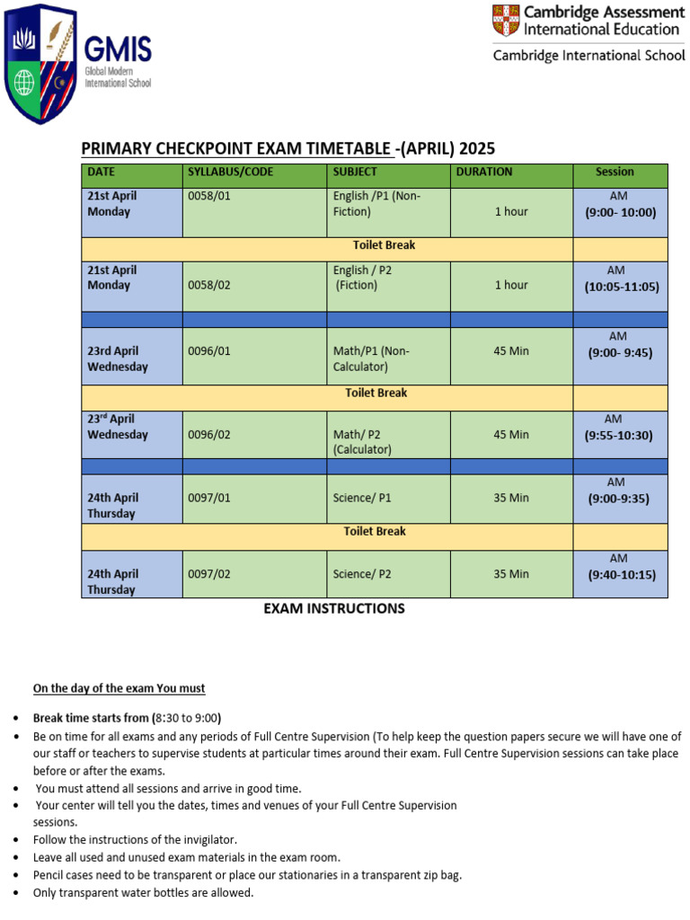 Primary Checkpoint Exam Timetable April-2025 | PDF | Qualifications