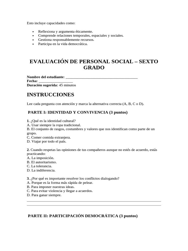 Evaluación de Personal Social Sexto Grado | PDF | Democracia ...
