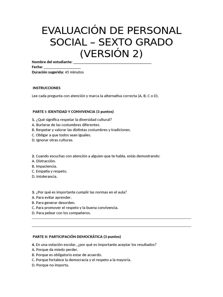 Evaluación de Personal Social 6° Grado | PDF