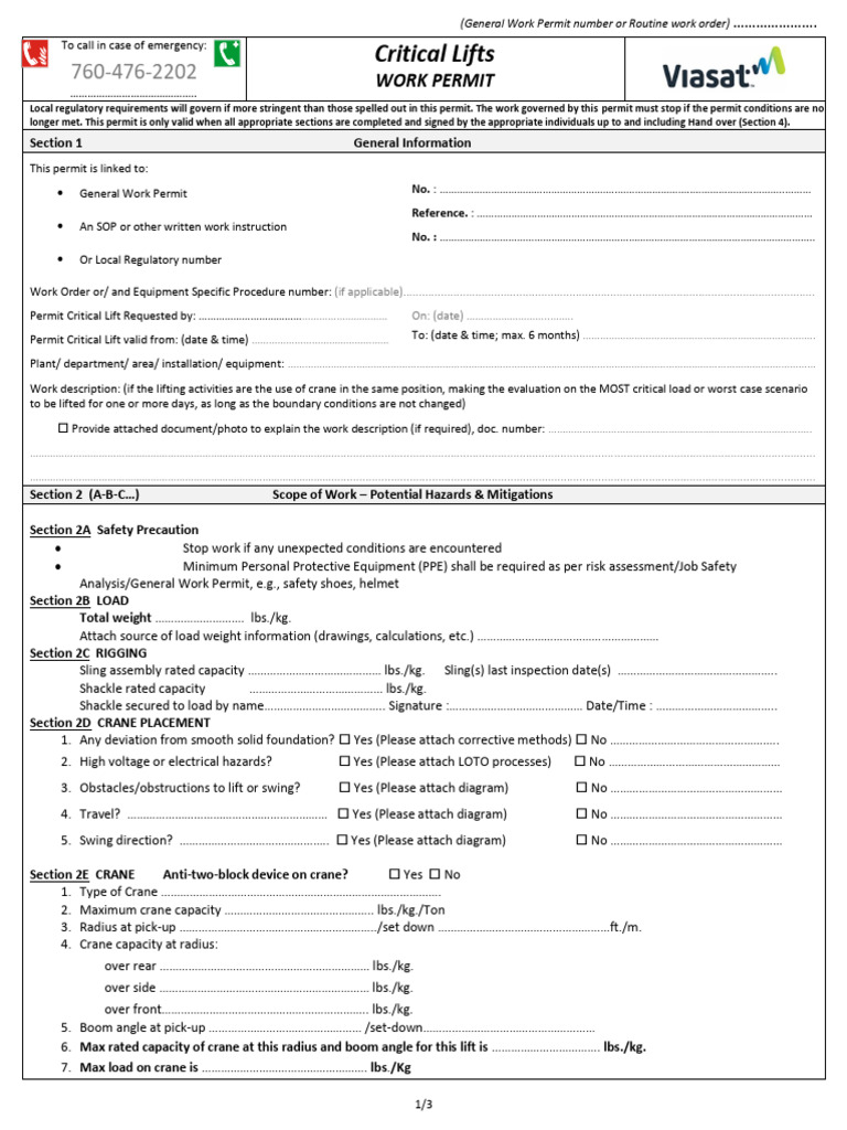 Critical Lift Work Permit Template | PDF | Crane (Machine) | Safety