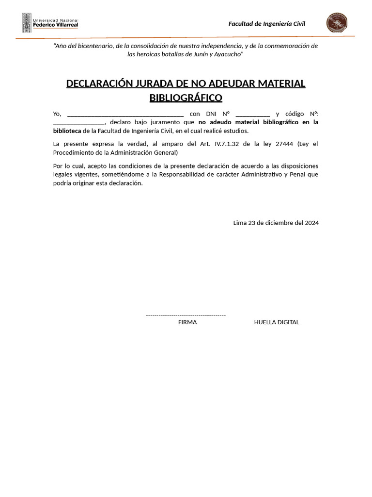 Declaracion Jurada de No Adeudar Biblioteca - 2 | PDF