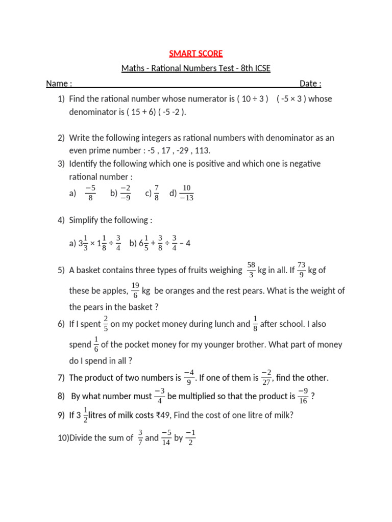ICSE Class 8 Rational Numbers Worksheet | PDF
