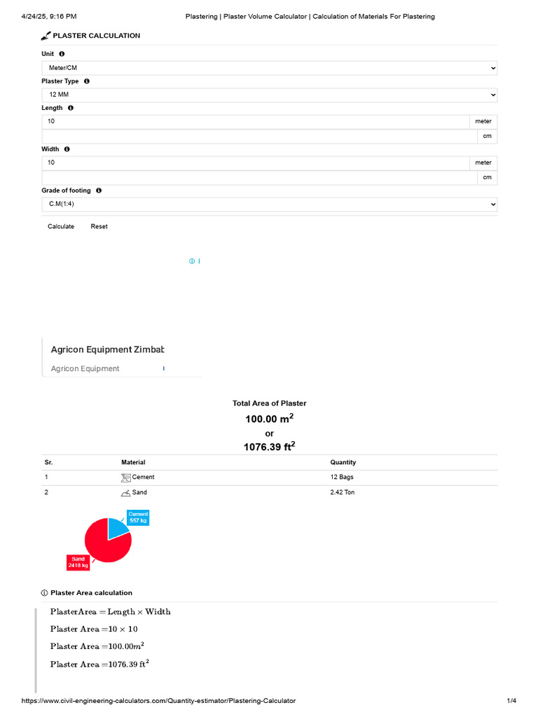 Plastering Material Calculation Guide | PDF | Plaster | Concrete
