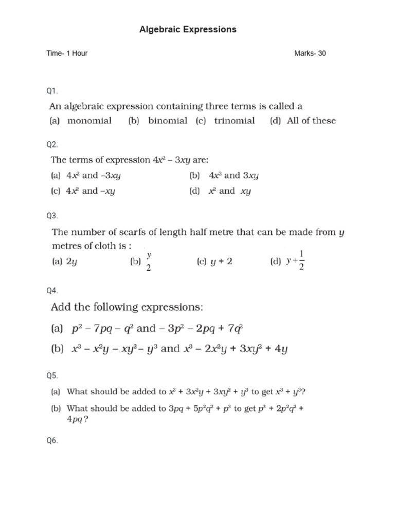 7th CBSE Algebraic Expressions Subjective Test 1 | PDF