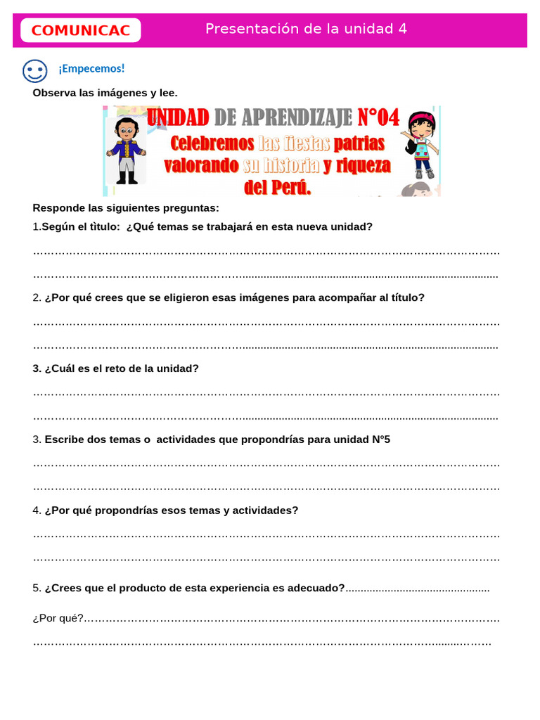D1 A1 FICHA COM. Presentación de La Unidad 4 | PDF