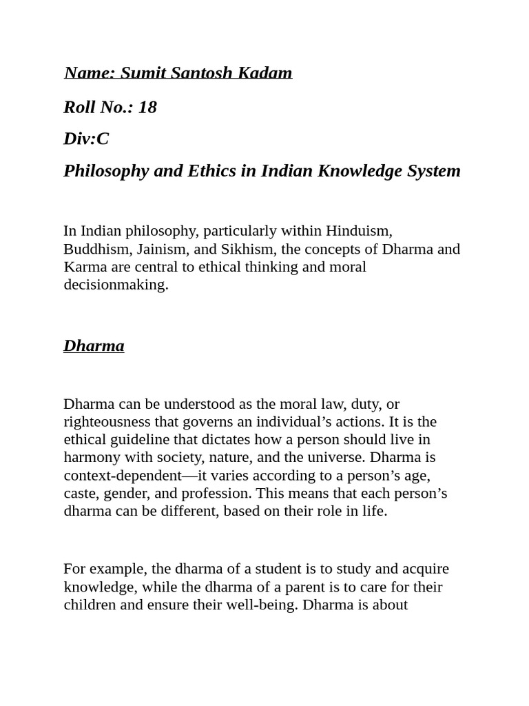 Philosophy and Ethics in Indian Knowledge System | PDF | Dharma | Karma