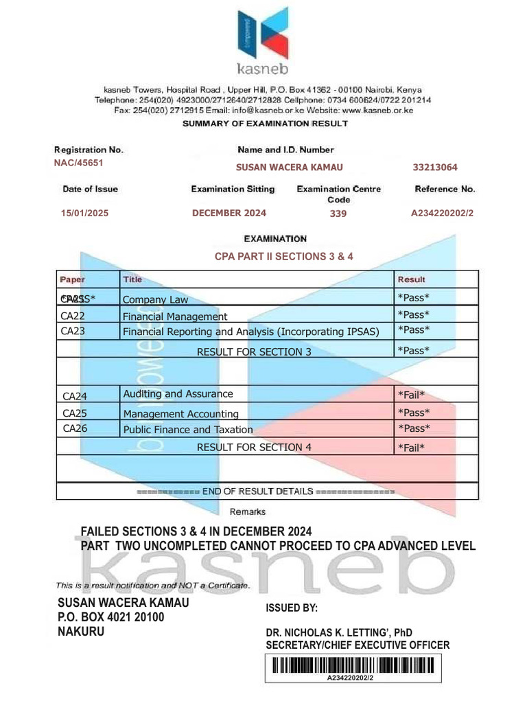 CPA Exam Results for Susan Kamau | PDF