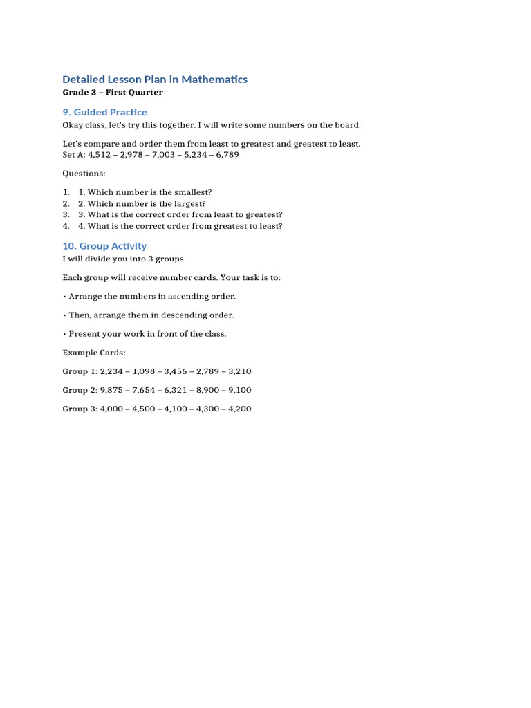 Grade 3 Math Lesson Plan: Ordering Numbers | PDF