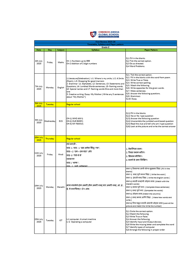 Grade 2 Timetable and Syllabus 2025-26 | PDF | Human Communication ...