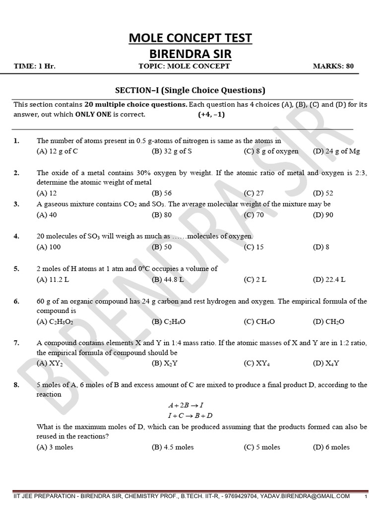 Mole Concept MCQ Test for IIT JEE | PDF | Concentration | Mole (Unit)