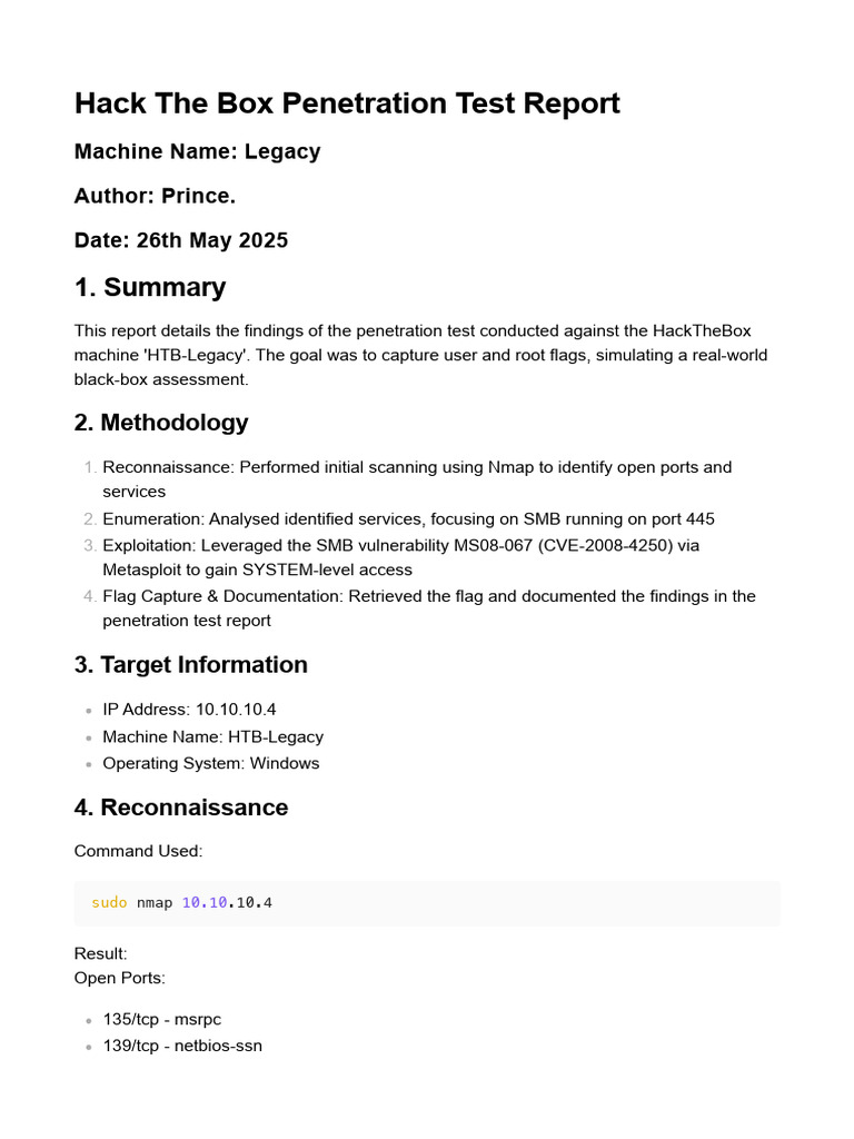 HTB-Legacy Penetration Test Report | PDF