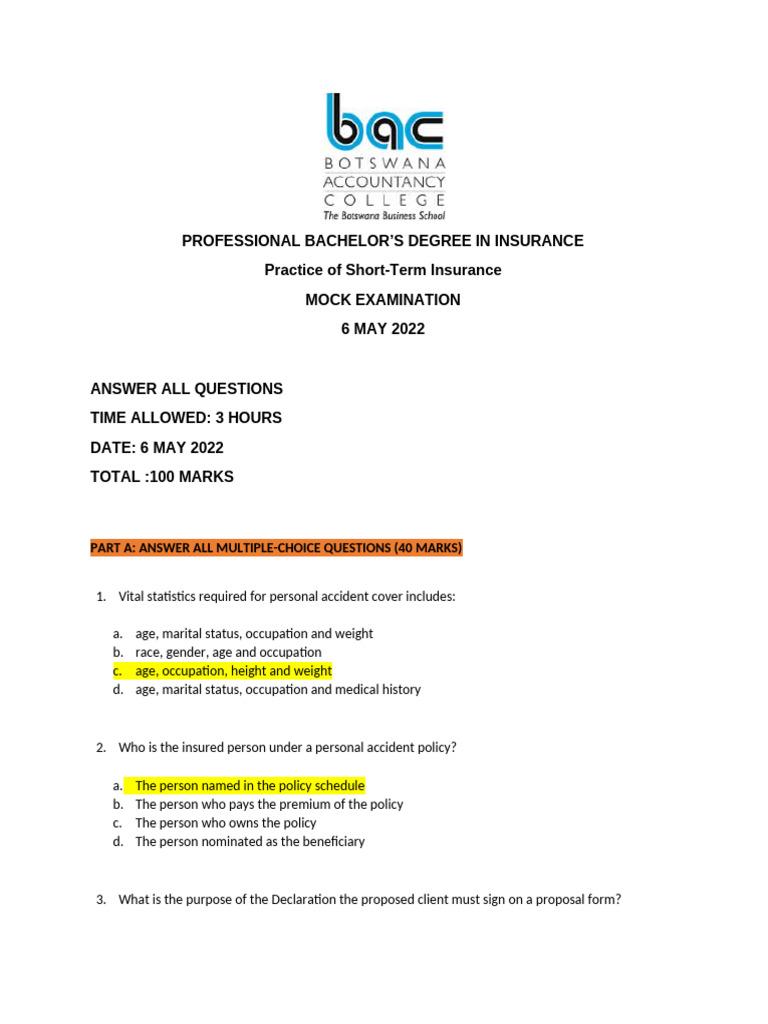 Short-Term Insurance Mock Exam 2022 | PDF | Insurance | Underwriting