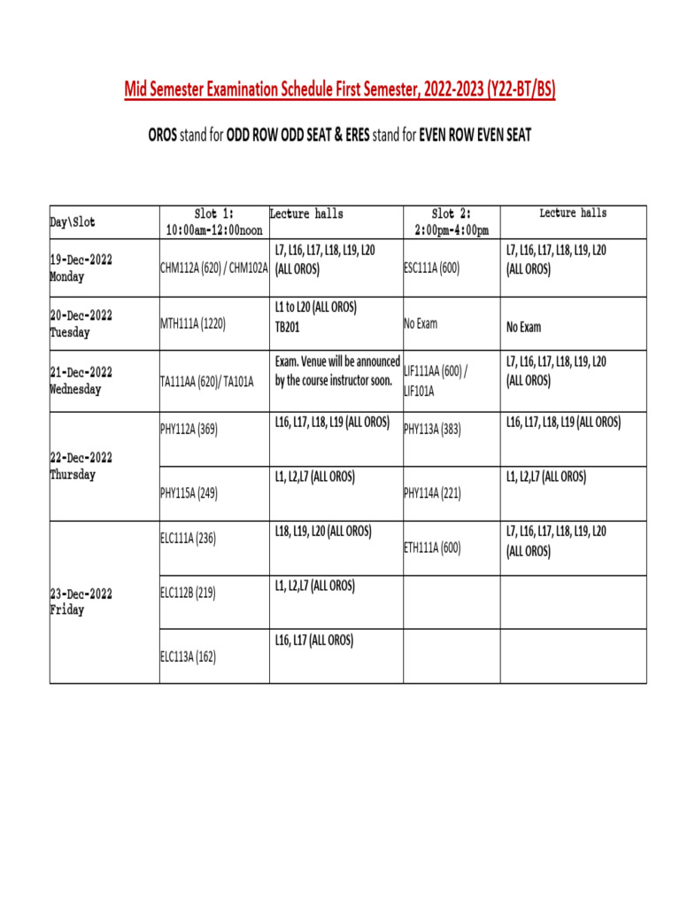 Midsem Exam Schedule BTech BS Y22 Batch 2022 23 I | PDF
