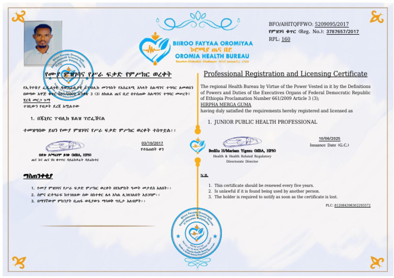 Professional Registration and Licensing Certificate: (Reg. No ...