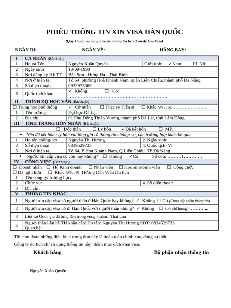Tờ Khai Thông Tin Visa Hàn Quốc Mới | PDF