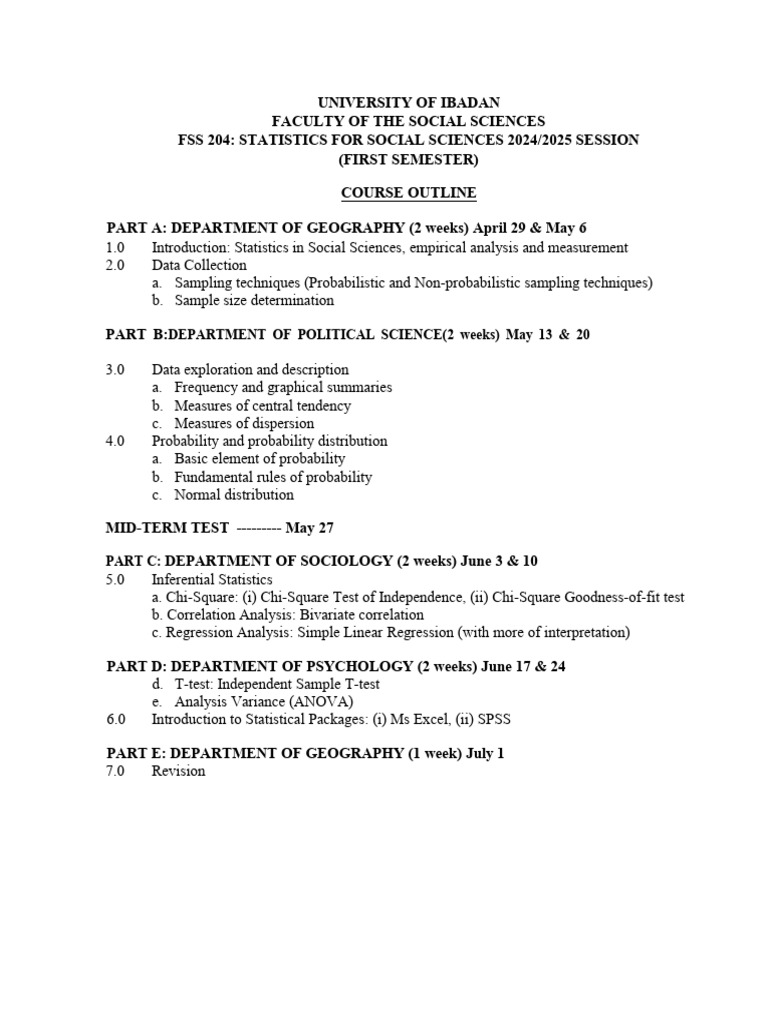 FSS 204: Statistics Course Outline 2024 | PDF | Statistics | Student's ...