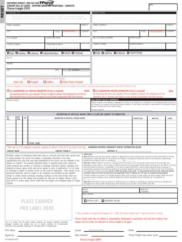 TForce Freight Bill of Lading Guide | PDF | Cargo | Bill Of Lading