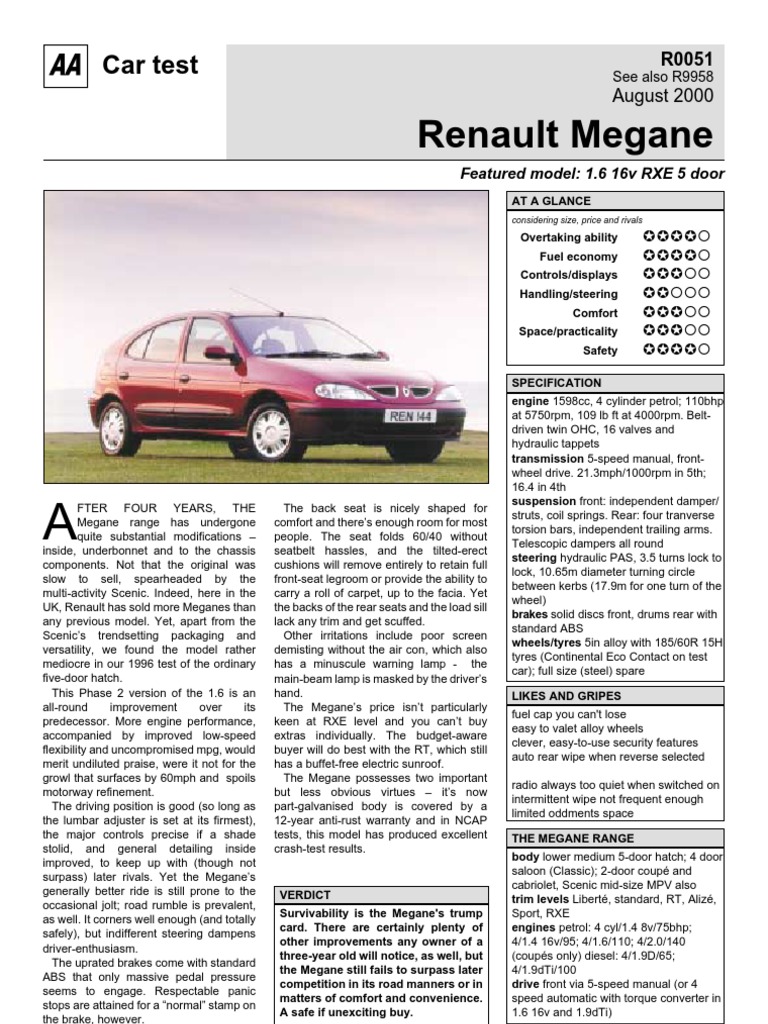 Renault-Megane-1.6 16v Rxe 5 Door-Aug00 | PDF | Fuel Economy In