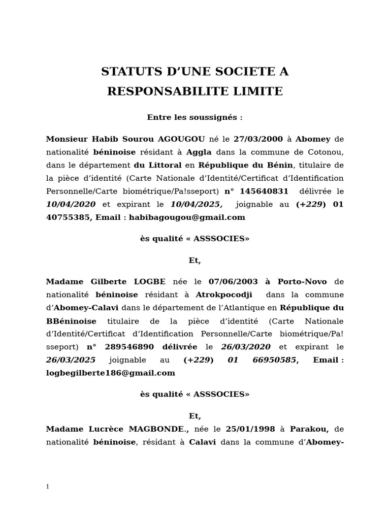 Statuts de la SARL Phnix au Bnin | PDF | Business