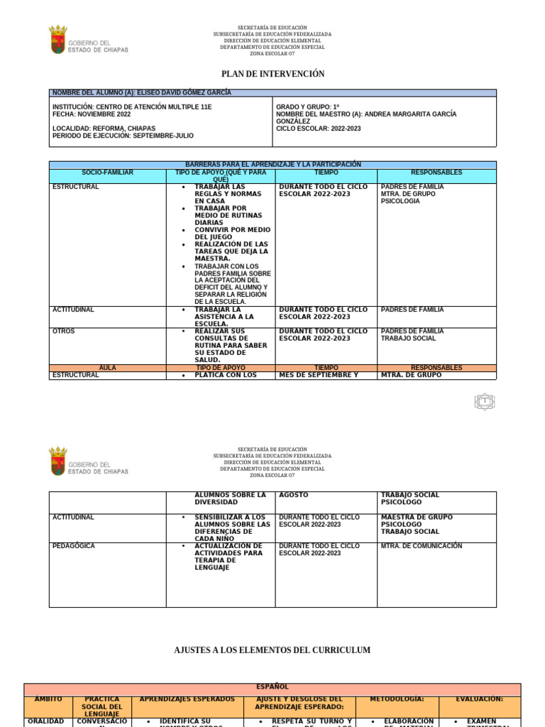 Plan de Intervención Educativa 2022-2023 | PDF | Educación especial ...