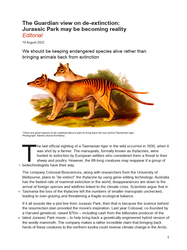 De-Extinction: Risks of Reviving Thylacines | PDF | Extinction | Cloning