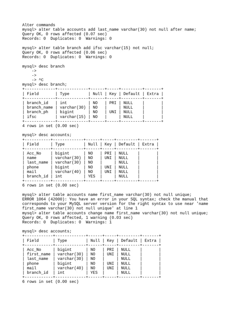 MySQL Alter Table Commands Guide | PDF | Software Engineering ...