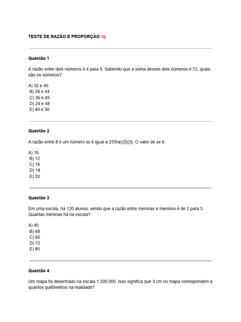 Teste de Razão e Proporção: Questões e Respostas | PDF