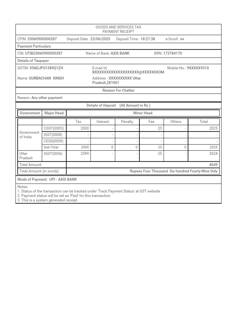 GST Payment Receipt for Gurbachan Singh | PDF