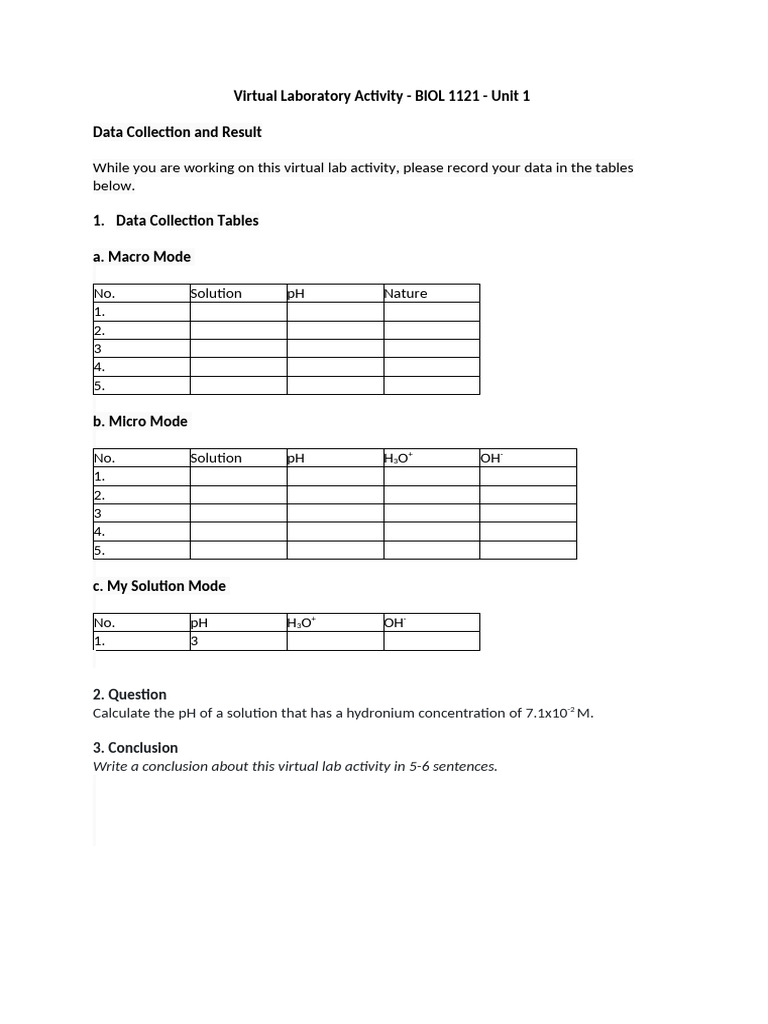 Virtual Lab Data Collection - BIOL 1121 | PDF
