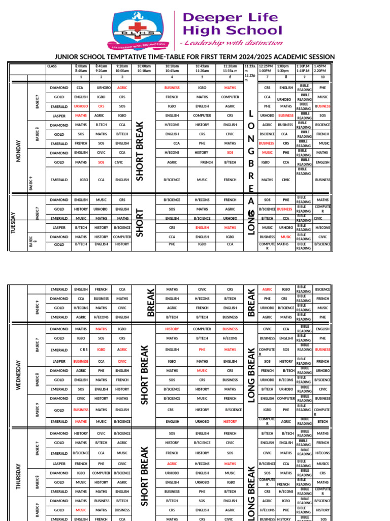JHS First Term Timetable 2024/2025 | PDF