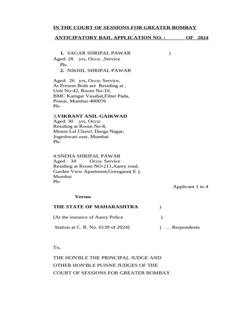 Anticipatory Bail Application 2024 | PDF | Bail | Law Enforcement
