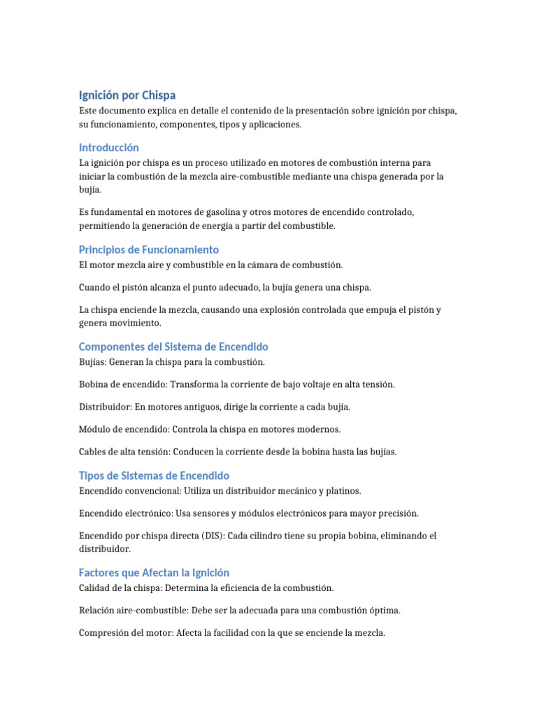 Funcionamiento del Encendido por Chispa | PDF