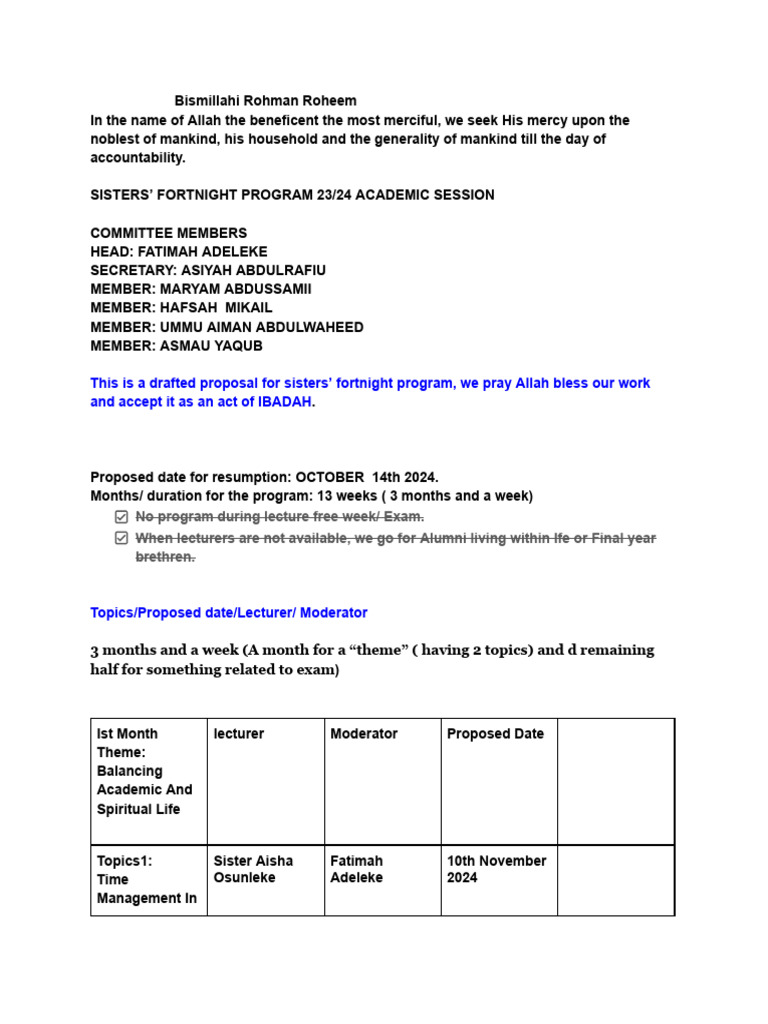 This Is A Drafted Proposal For Sisters' Fortnight Program, We Pray ...